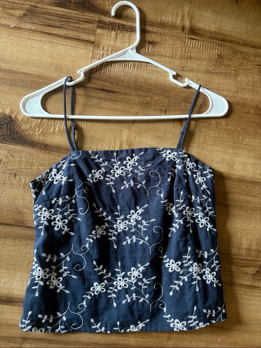Navy Floral Embroidered Spaghetti Strap Tank Top
